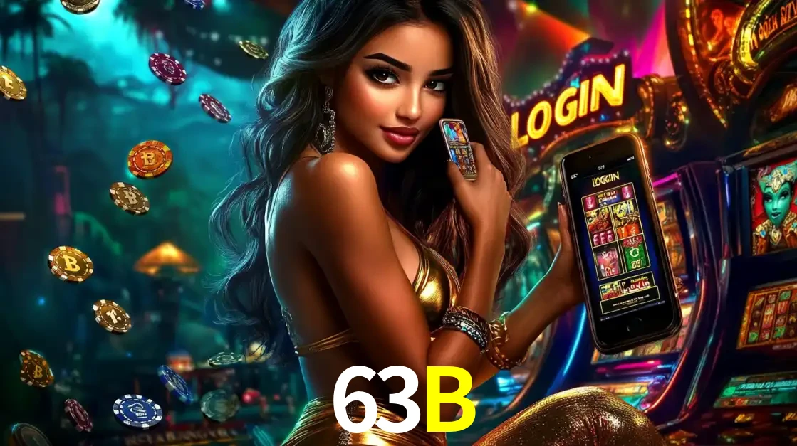 Mulher em um cenário de cassino temático de aventura, mostrando o app de caça-níqueis da 63B no celular. Fichas de apostas flutuam ao redor.
