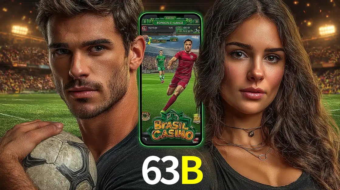 Homem segurando uma bola de futebol e uma mulher ao lado de um smartphone exibindo o jogo de apostas esportivas da 63B. Faça seu palpite no cassino online.